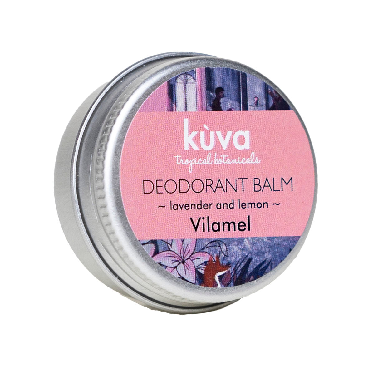 Lavender and lemon deodorant balm in a round tin with a colorful label featuring floral designs.