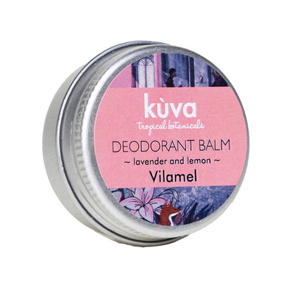 Lavender and lemon deodorant balm in a round tin with a colorful label featuring floral designs.